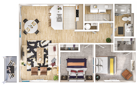 Floor plan for 2 beds, 1 bath, 885 sqft